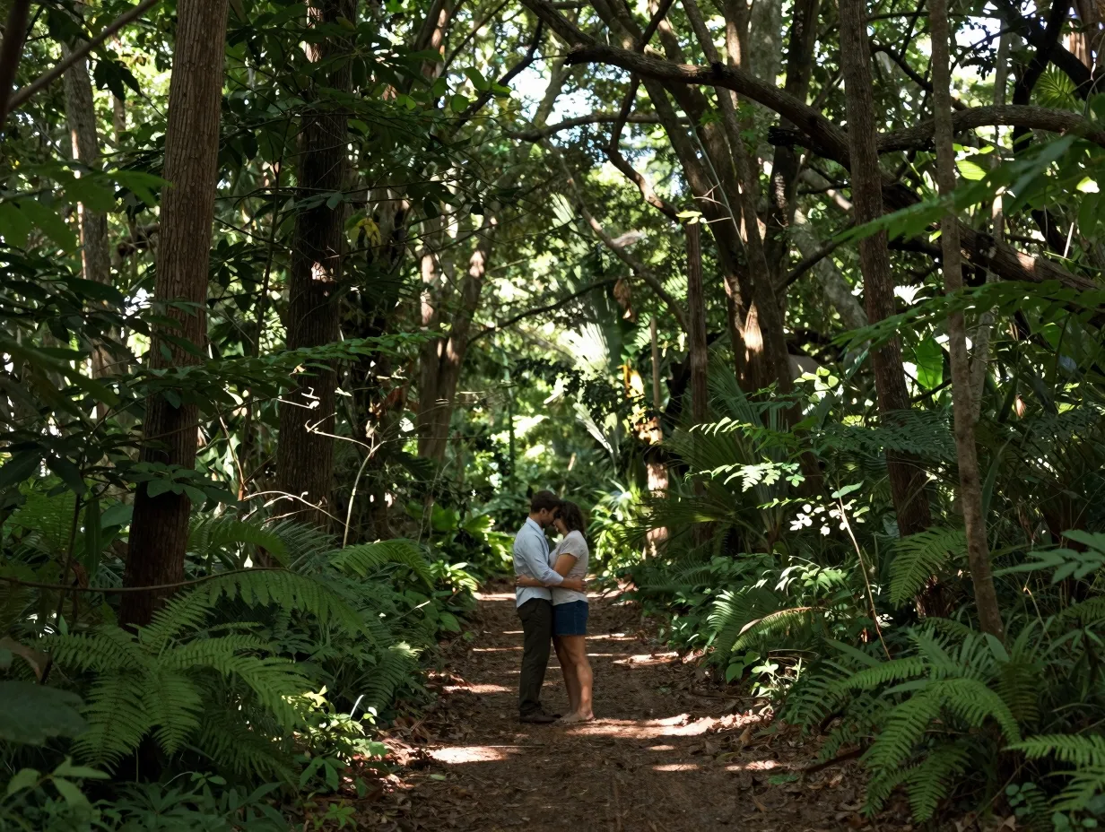 Couple embracing on forest trail with dappled sunlight through canopy