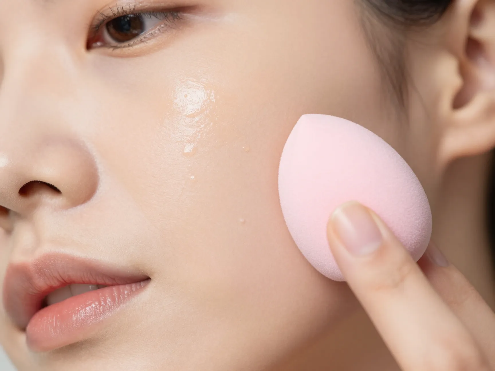 Lightweight dewy foundation applied with damp beauty sponge closeup
