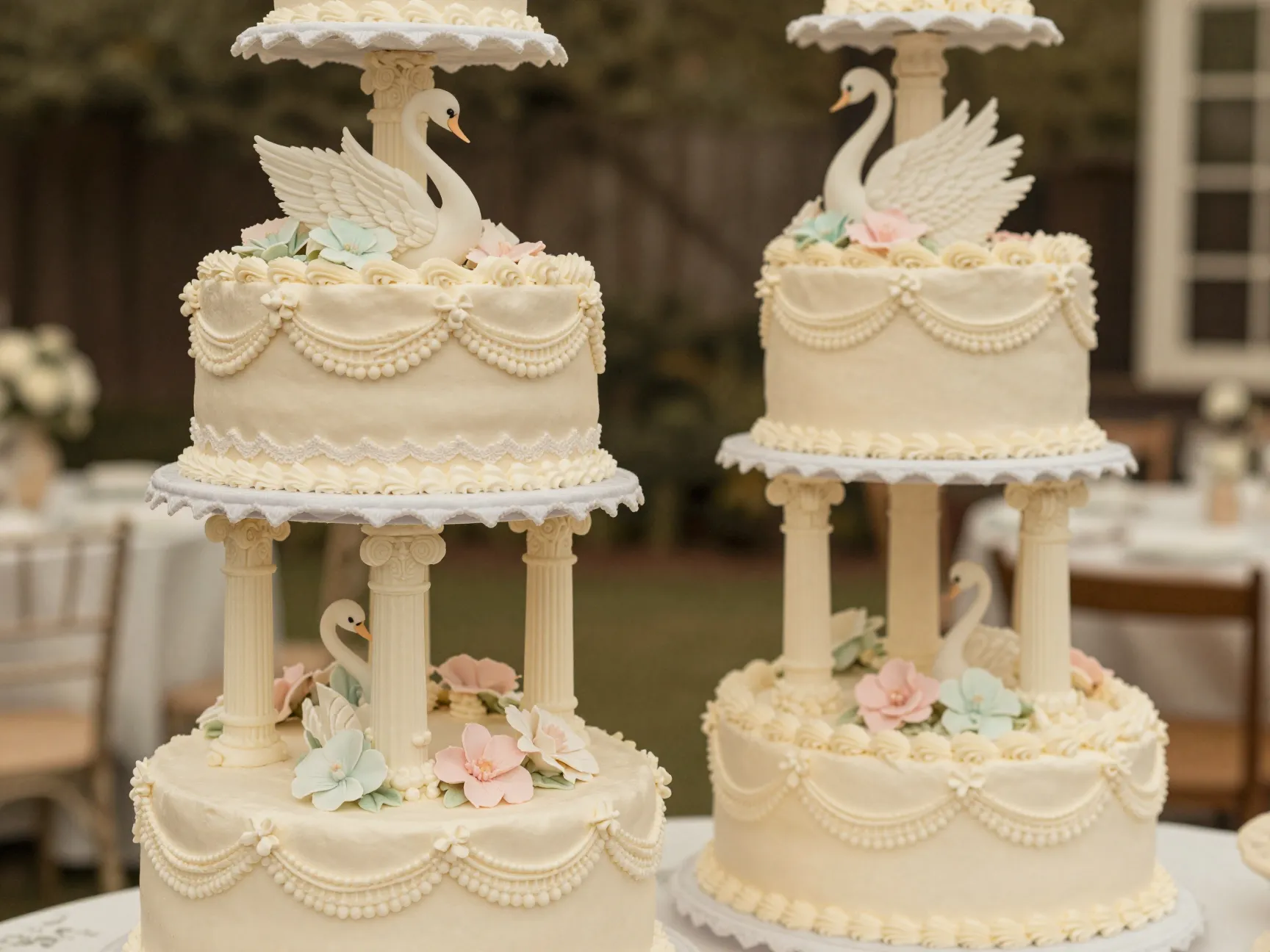 Vintage wilton cake with buttercream flowers and swan topper