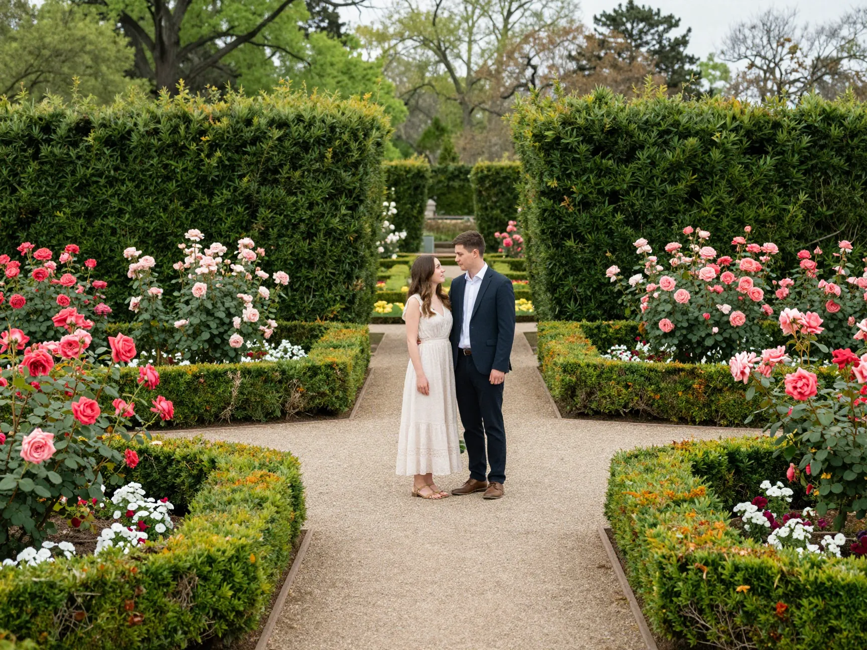 Couple standing in formal rose garden with symmetrical manicured hedges