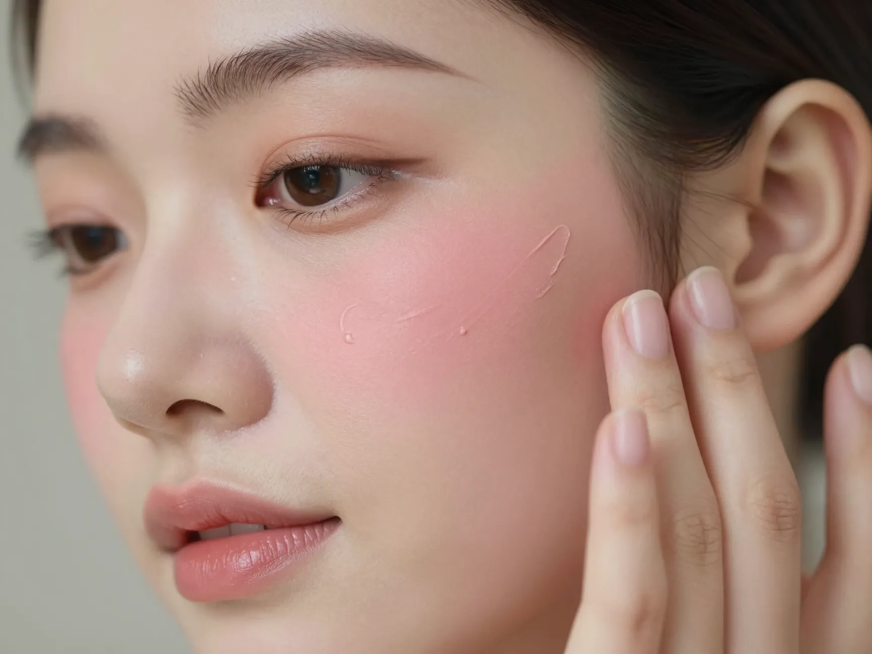 Cream blush applied high on cheekbones blended towards temples