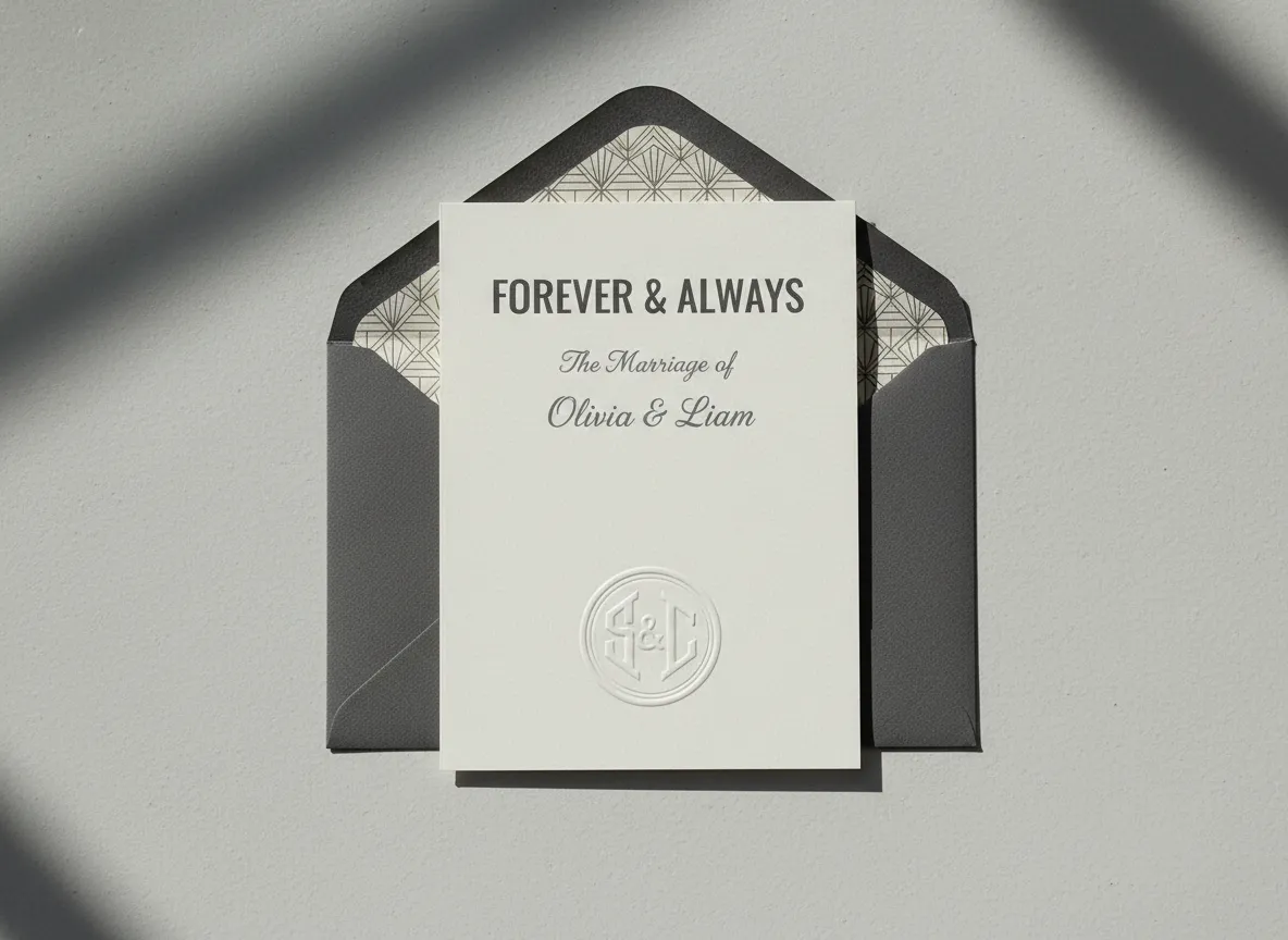 Retro modern wedding invitation with bold typography and custom monogram