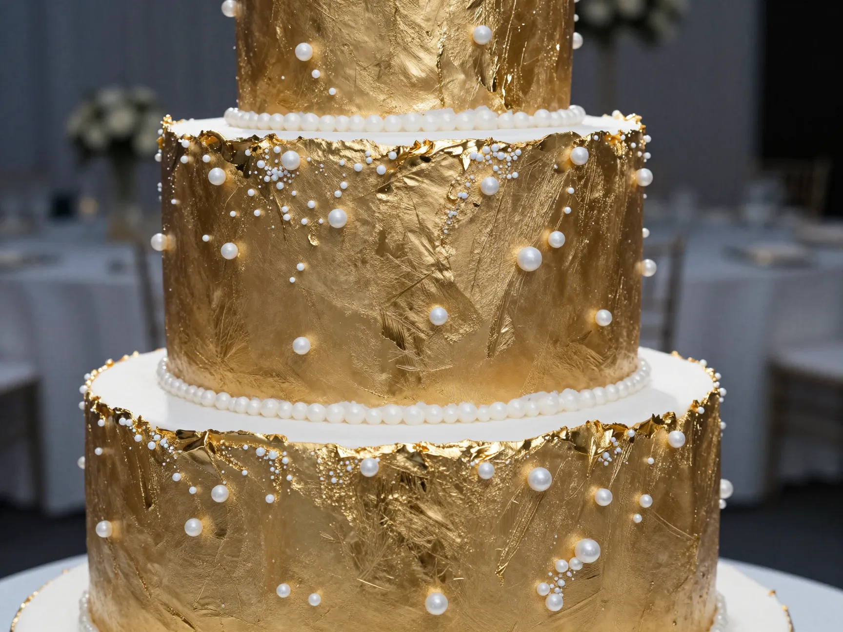 Wedding cake with full edible gold leaf and pearl accents
