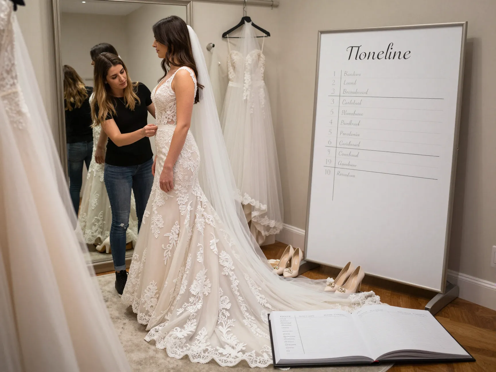 Bridal gown fitting room veil shoes accessories fitting timeline notes