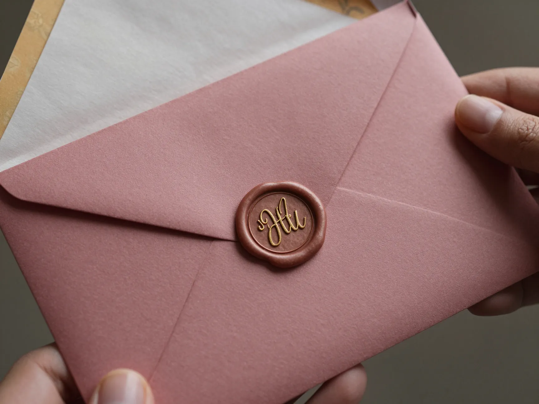 Elegant wedding envelope with wax seal and hand calligraphy