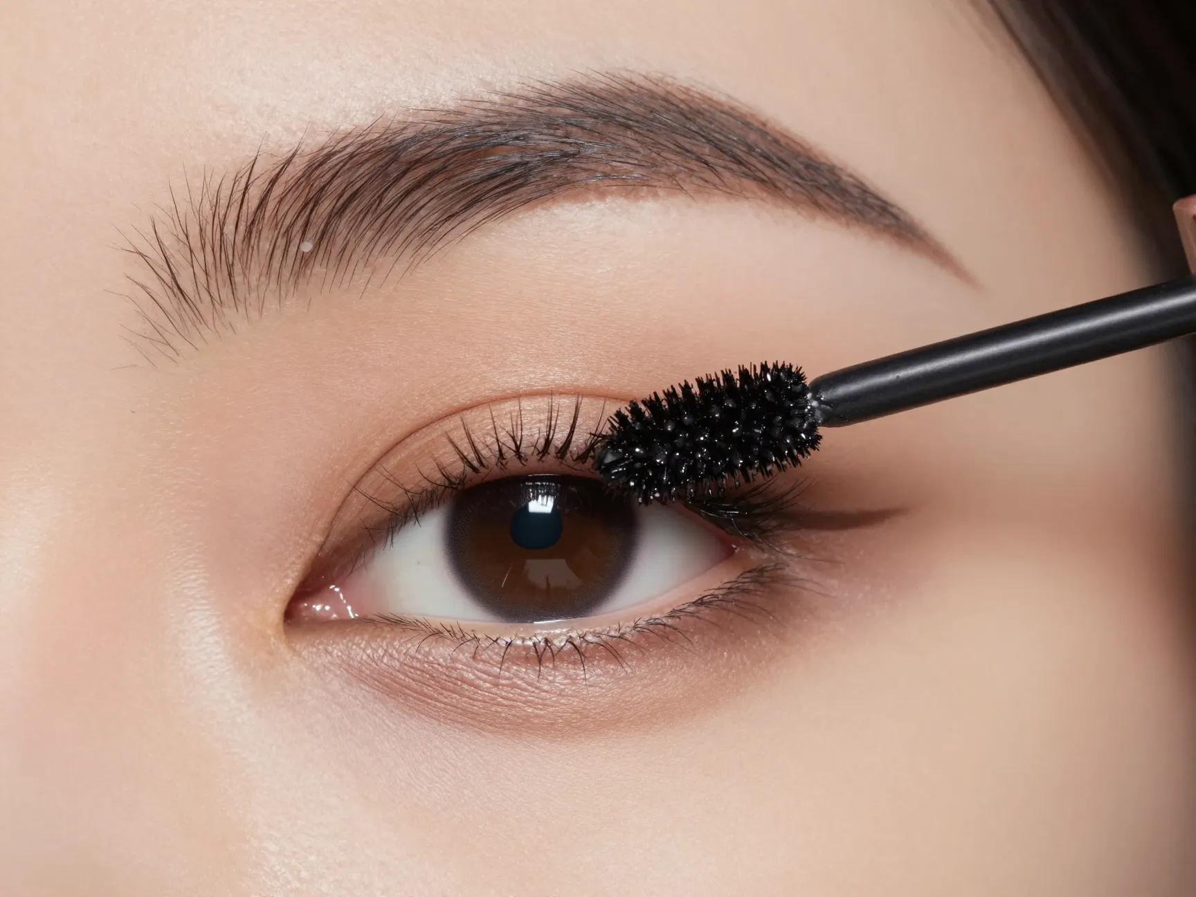 Waterproof mascara and eyeliner on eyes with neutral matte eyeshadow