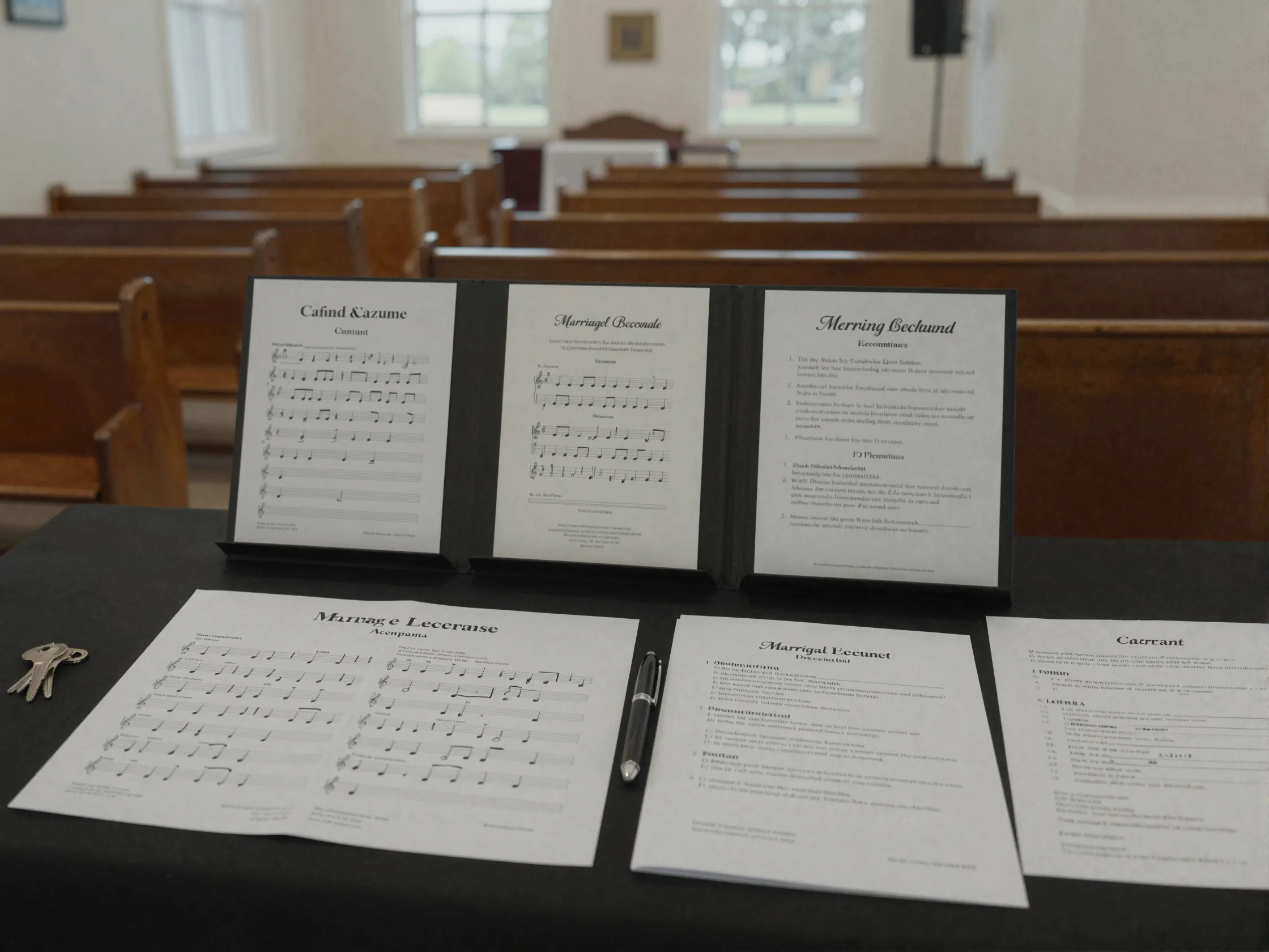 Ceremony venue layout plan pews music stand programs marriage license