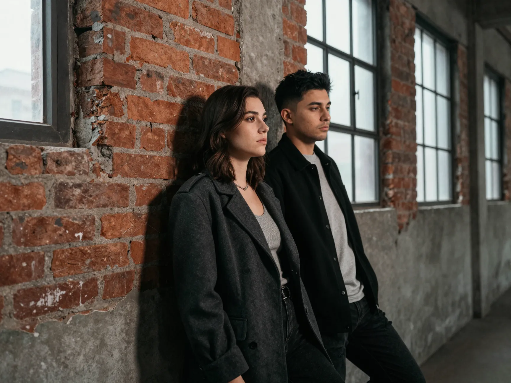 Couple leaning against exposed brick wall in urban industrial loft setting
