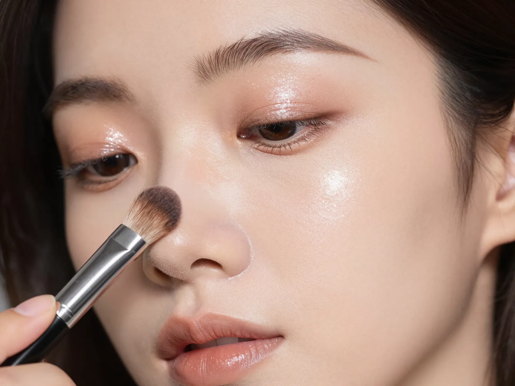 Fine pearl shimmer highlighter on inner eye corner and cheekbone