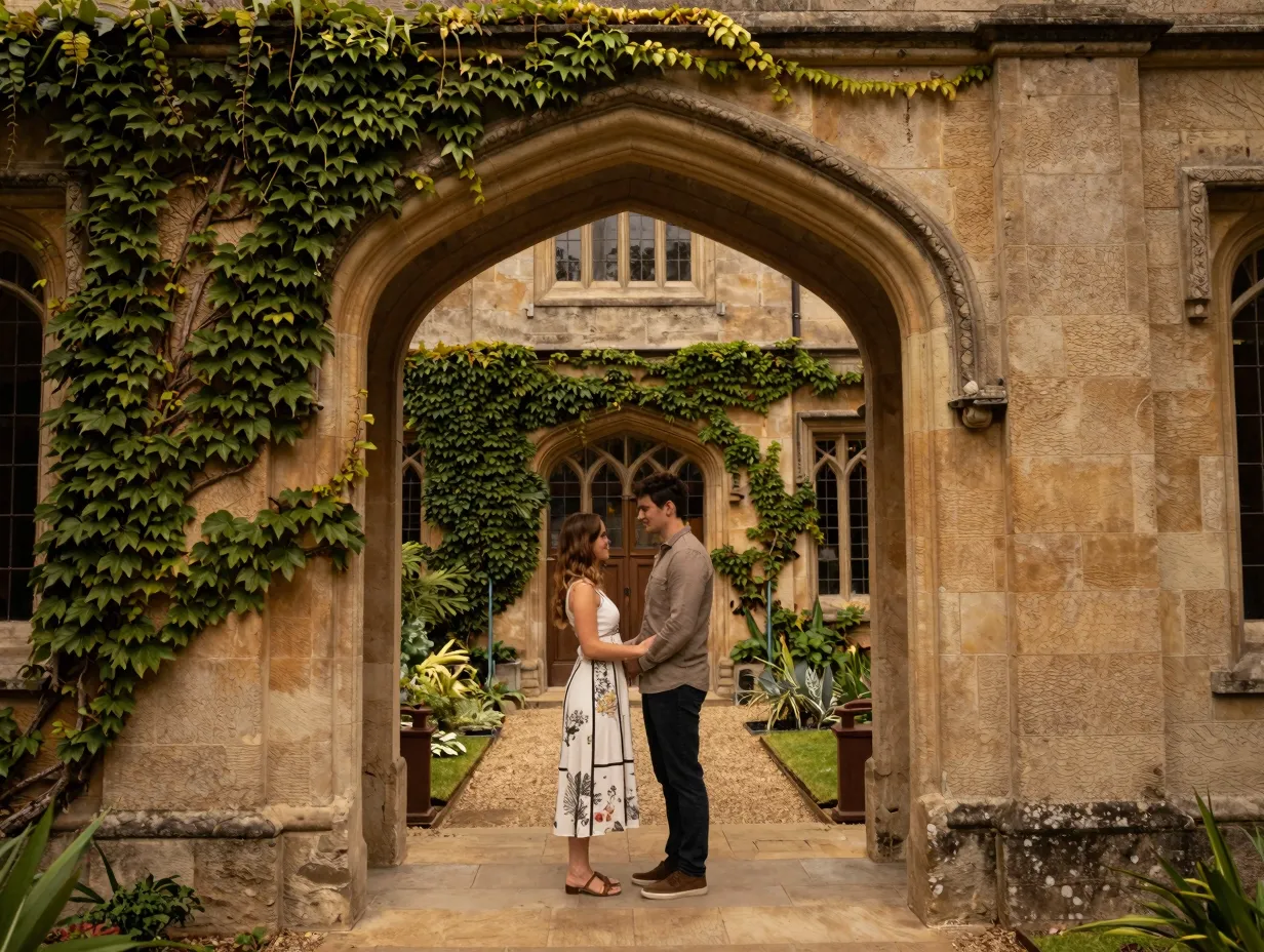 Couple under stone archway with ivy covered walls in european library garden