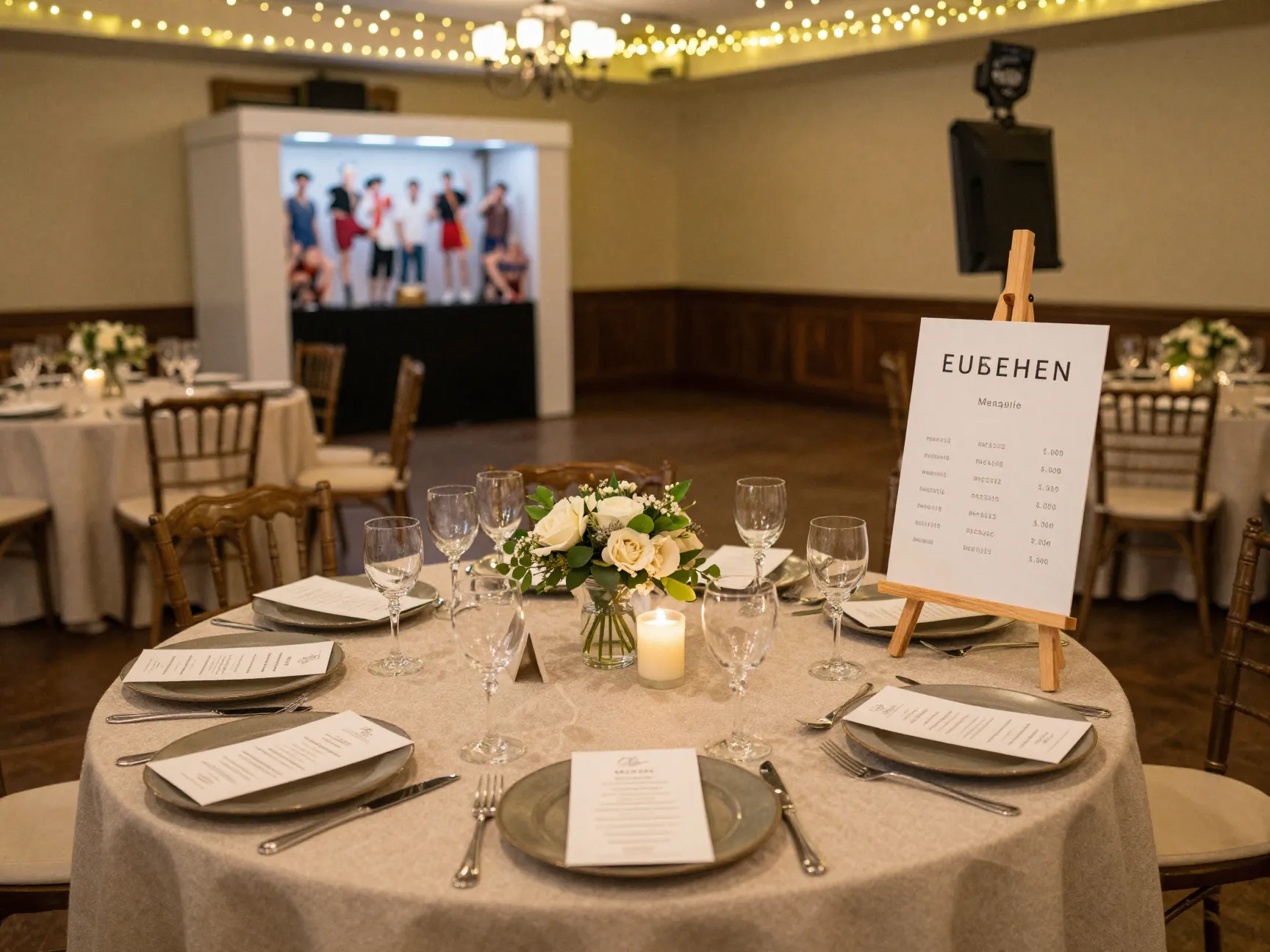 Reception table setup centerpieces menu cards seating chart photo booth