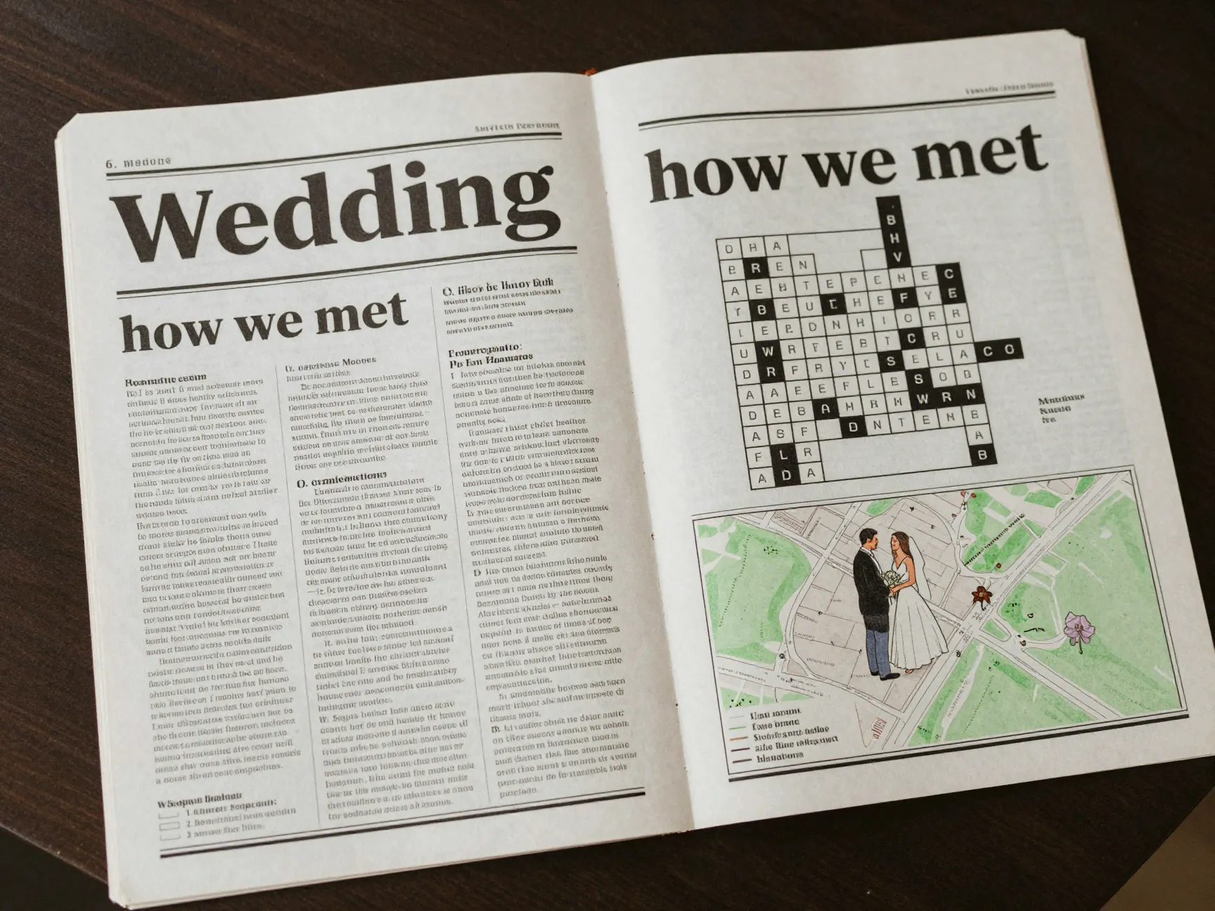 Wedding newspaper invitation with headlines and a crossword puzzle