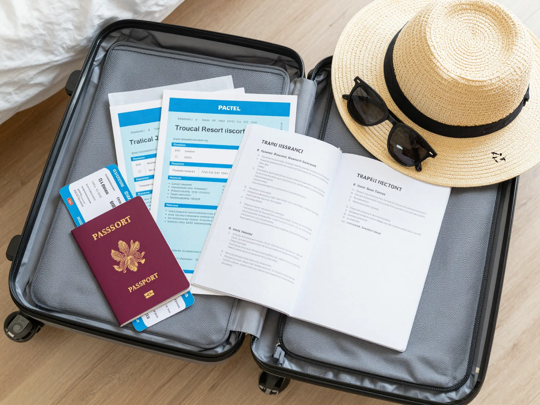 Honeymoon travel documents passport flight tickets tropical resort itinerary