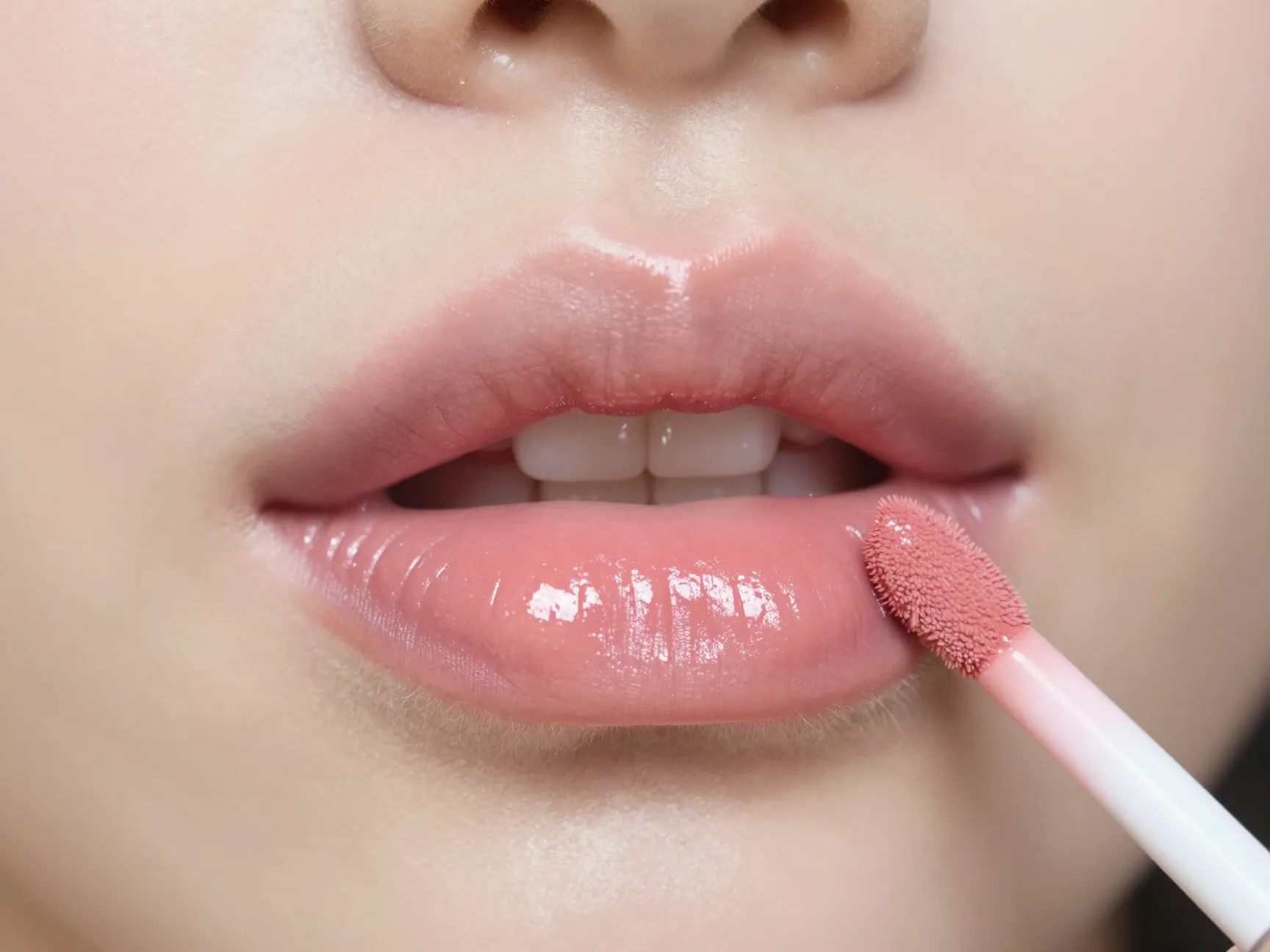 Nude pink liquid lip stain on womans lips with lip liner