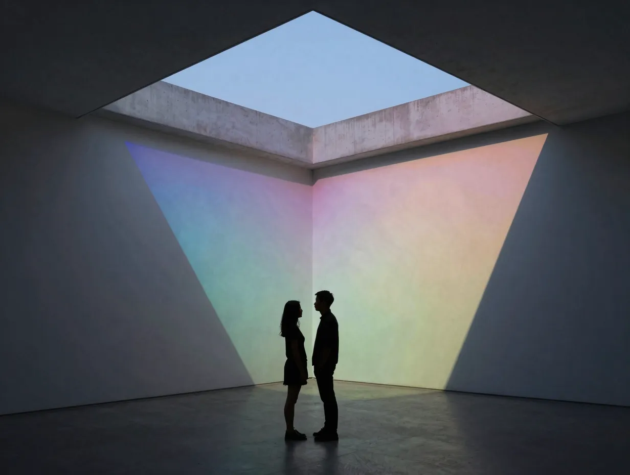 Couple silhouetted against geometric light installation at minimalist art museum