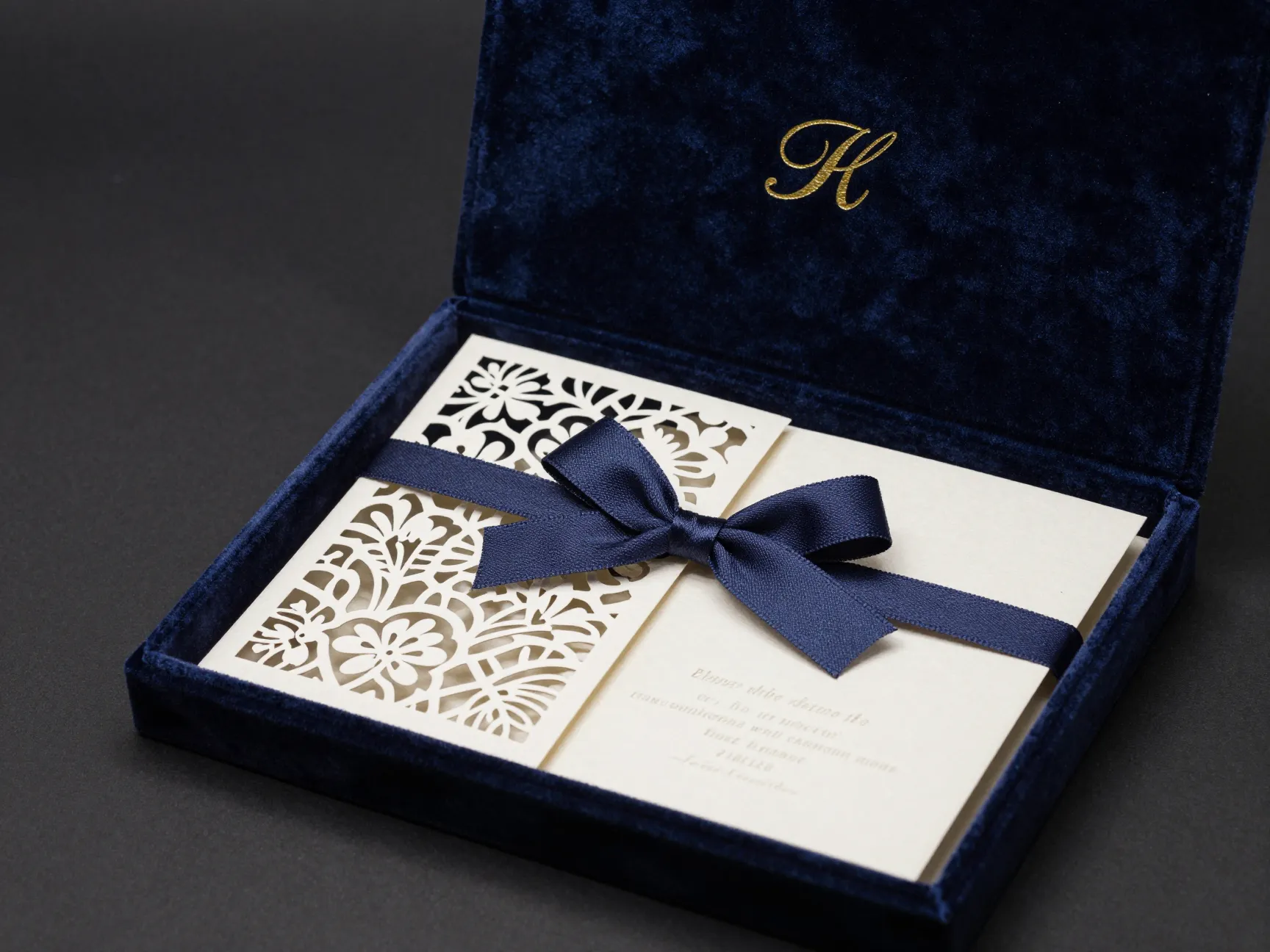 Luxury wedding invitation with velvet box and laser cut details