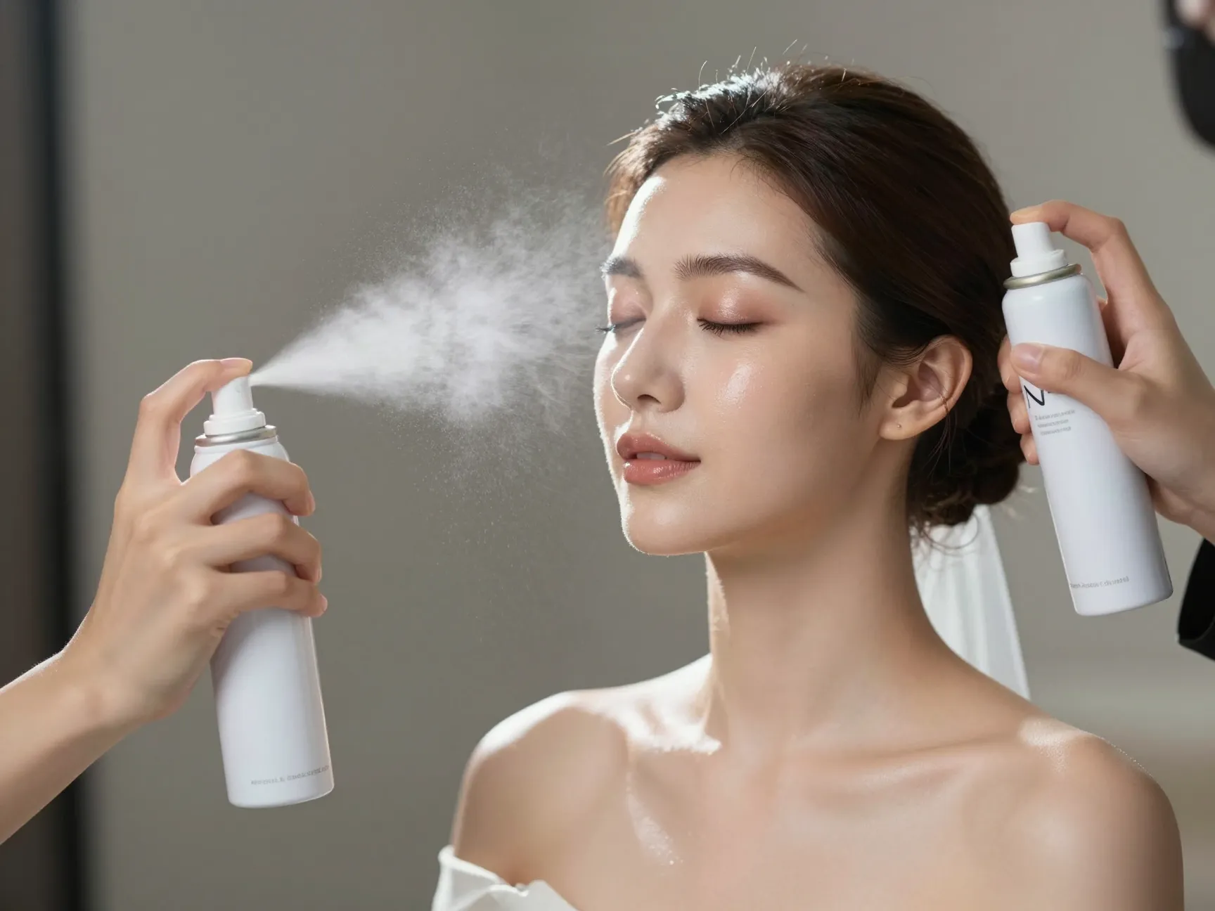 Setting spray misting over completed bridal makeup look