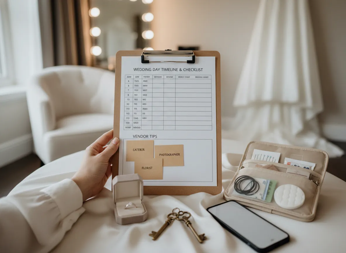 Wedding day timeline checklist clipboard vendor tips emergency kit hour schedule