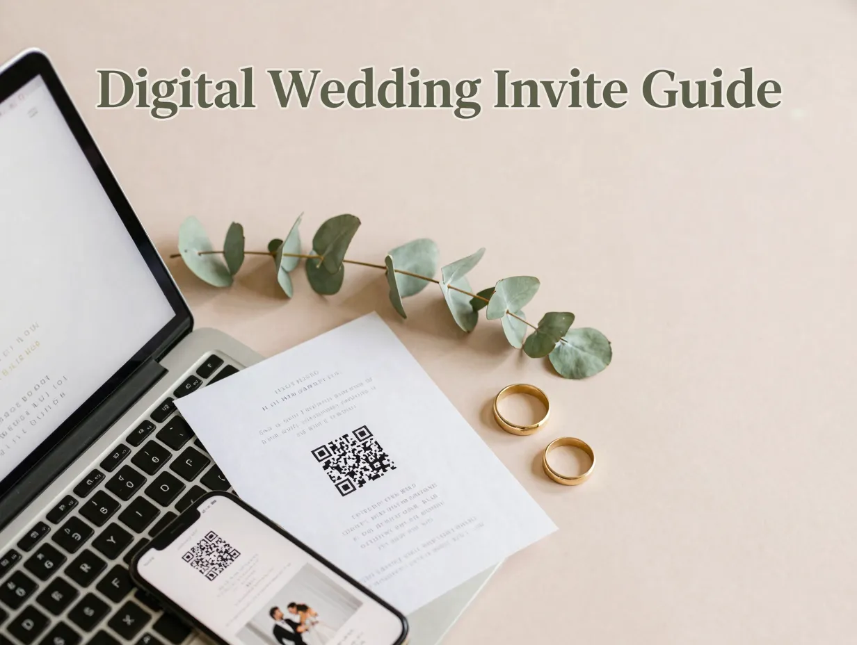 Laptop qr phone wedding bands leaves modern desk flatlay