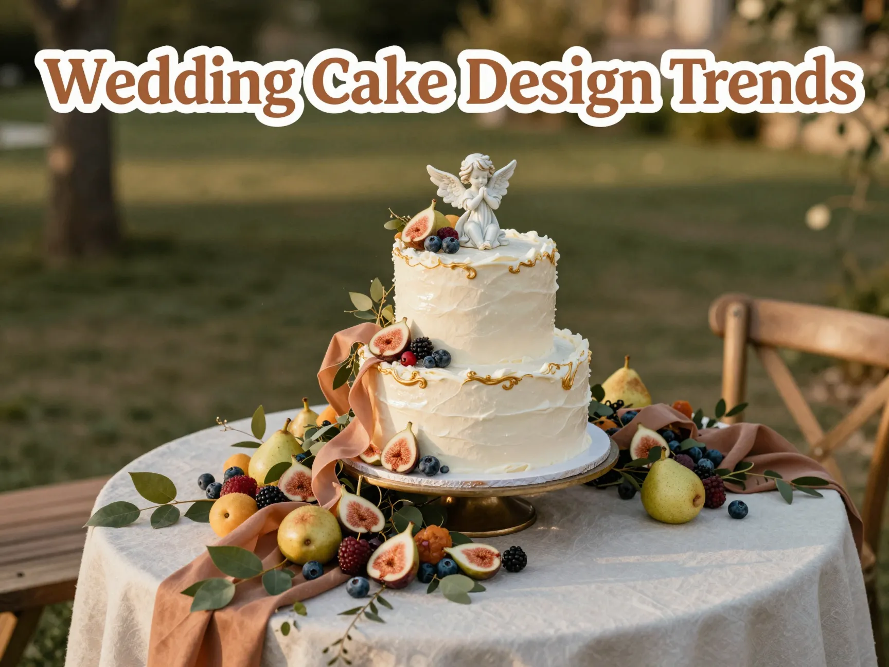 Single tier cake pearlescent fresh fruit vintage angel gilded scrollwork