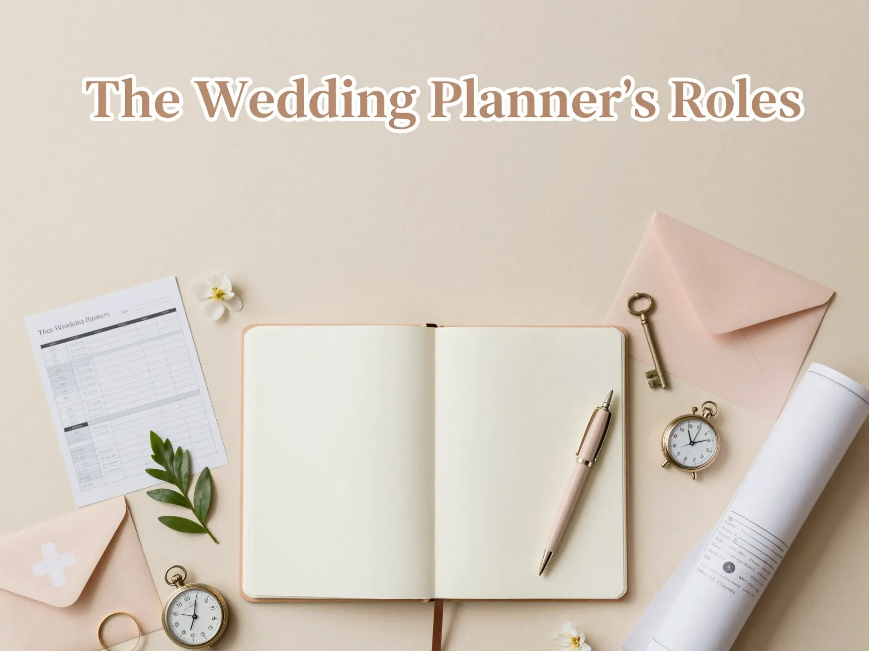 Wedding planner roles flat lay symbolic items organized blush gold