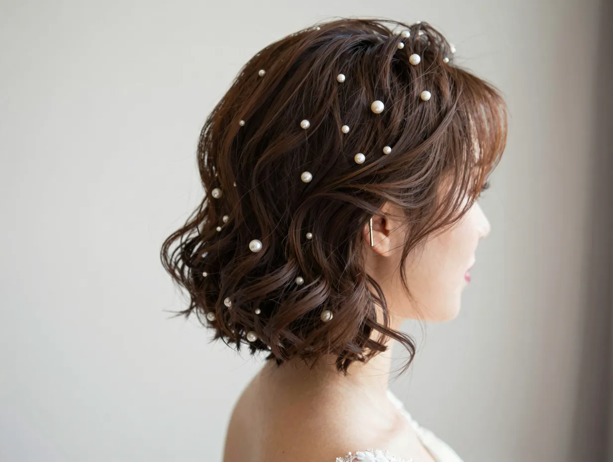 Feathered bob wedding hairstyle soft volume pearl hair pins