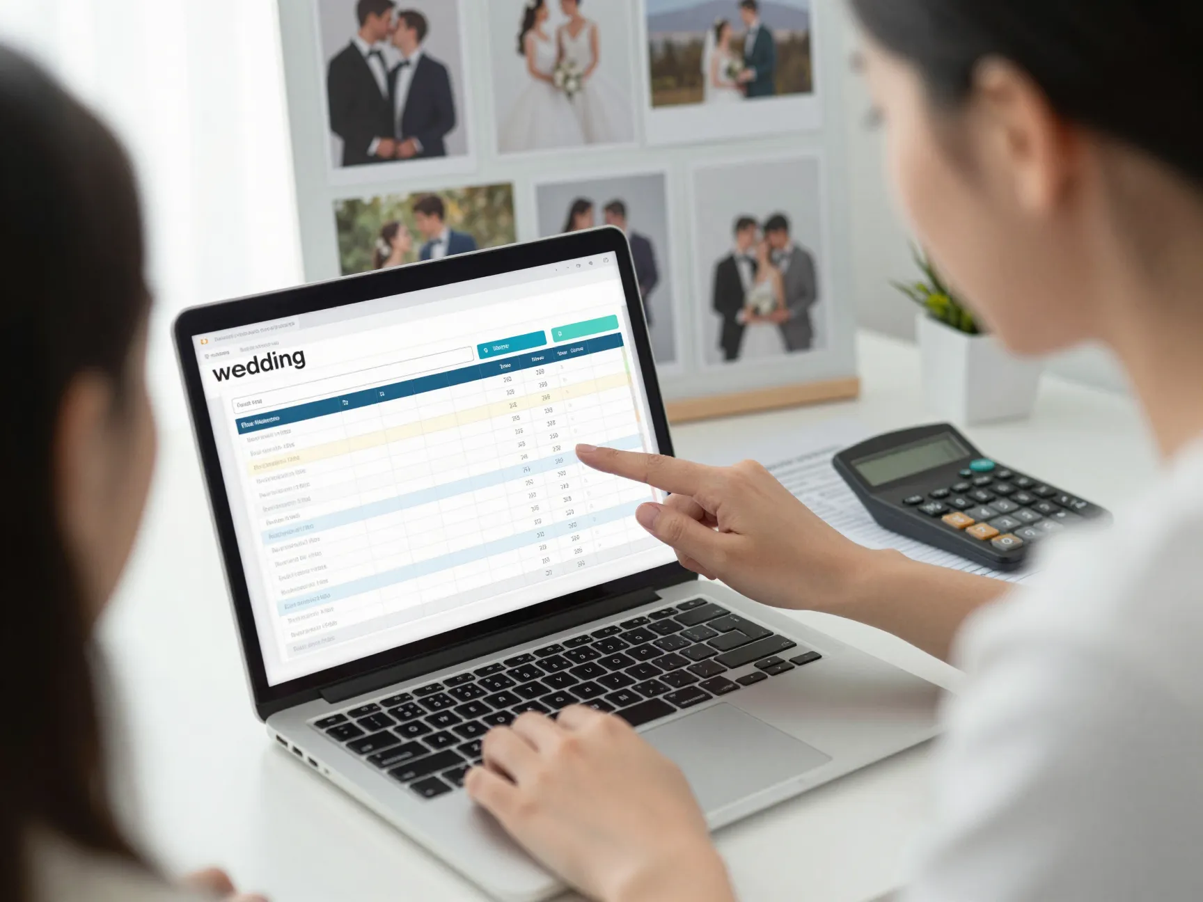 Financial professional reviewing budget spreadsheet with wedding planner