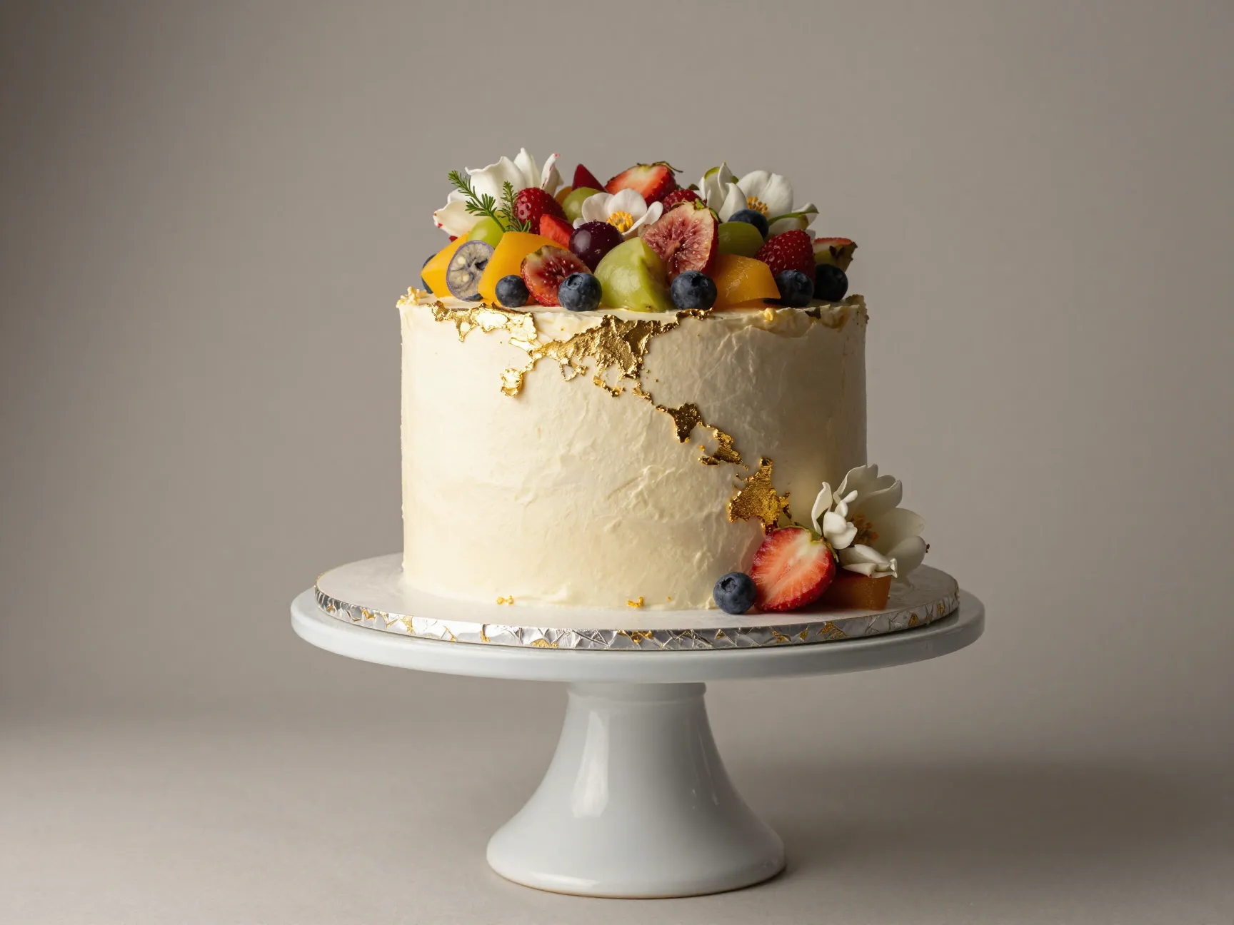 Grand single tier statement cake on pedestal with lavish toppings