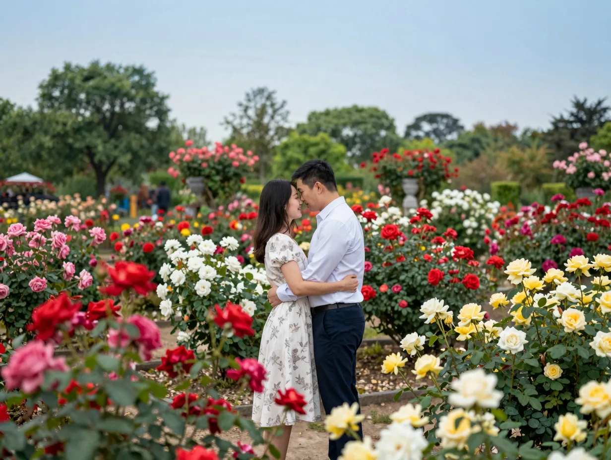 Loose park engagement couple amongst vibrant rose garden blooms