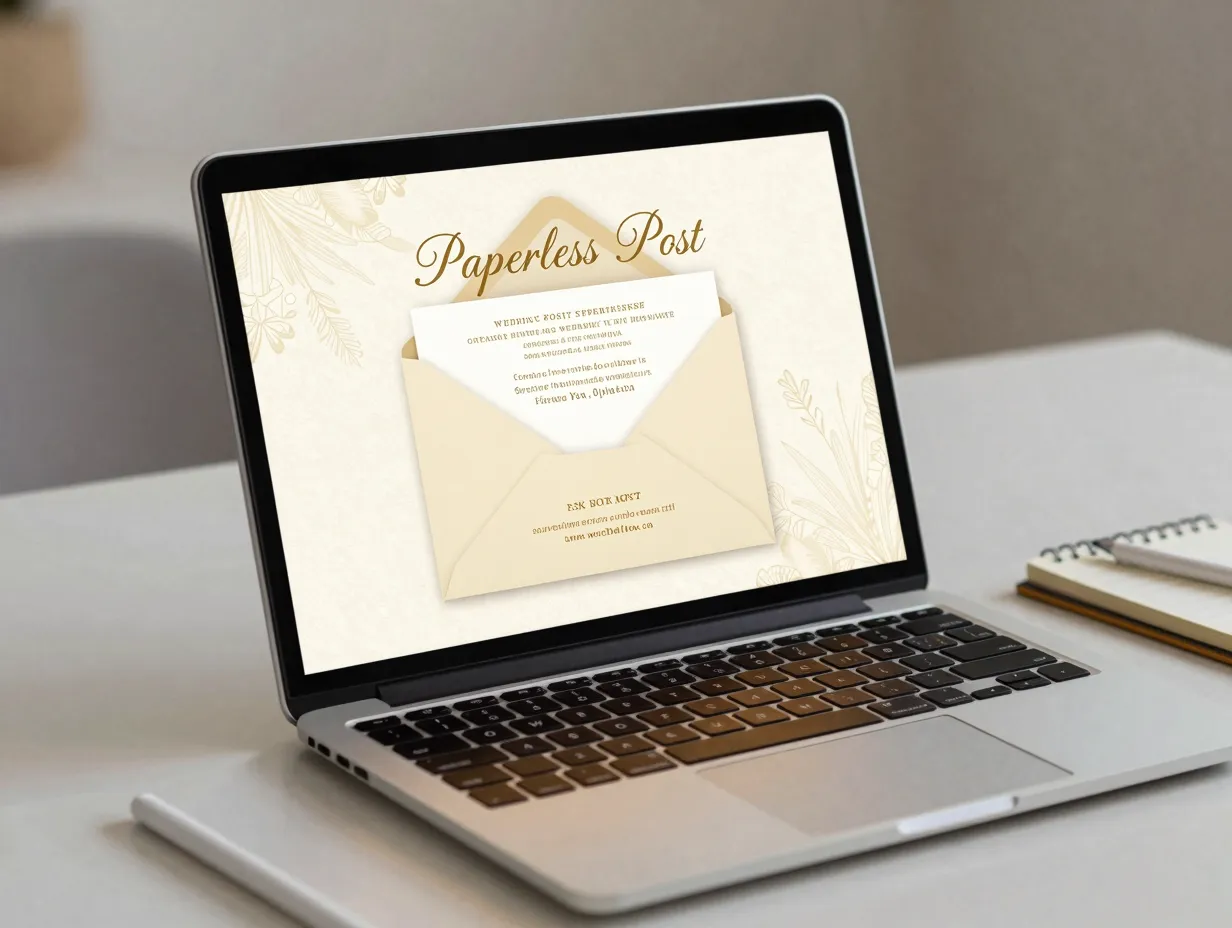 Paperless post elegant digital wedding invite with animated envelope on laptop screen