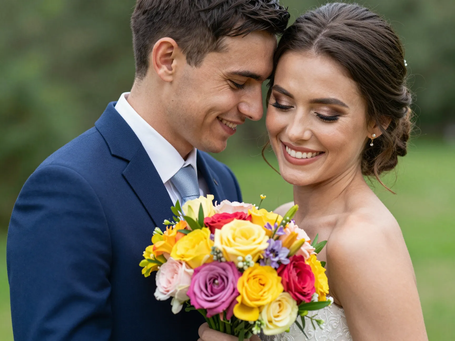 Bride and groom true to color portrait with vibrant floral bouquet