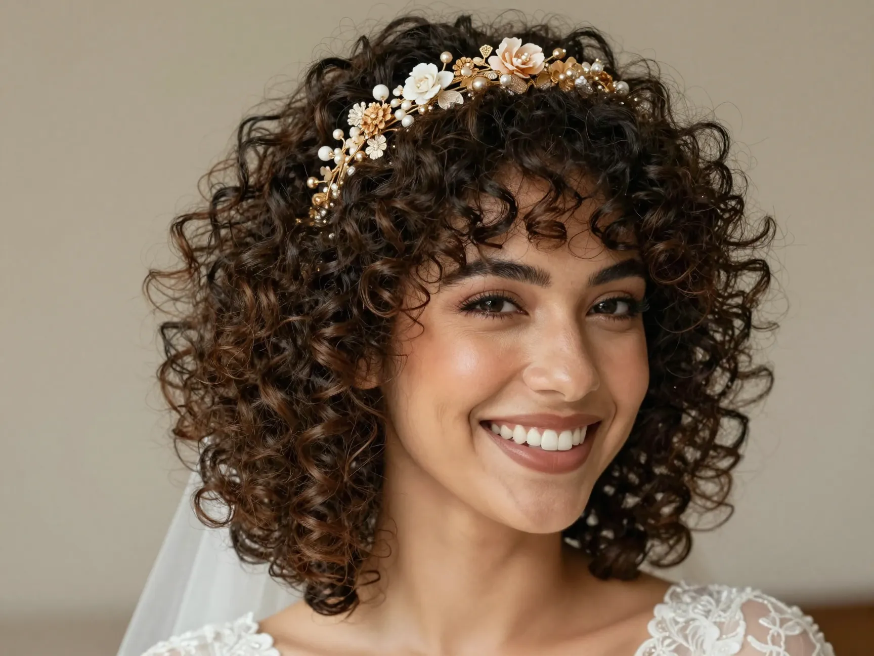 Halo cut wedding hairstyle natural curly hair floral headband