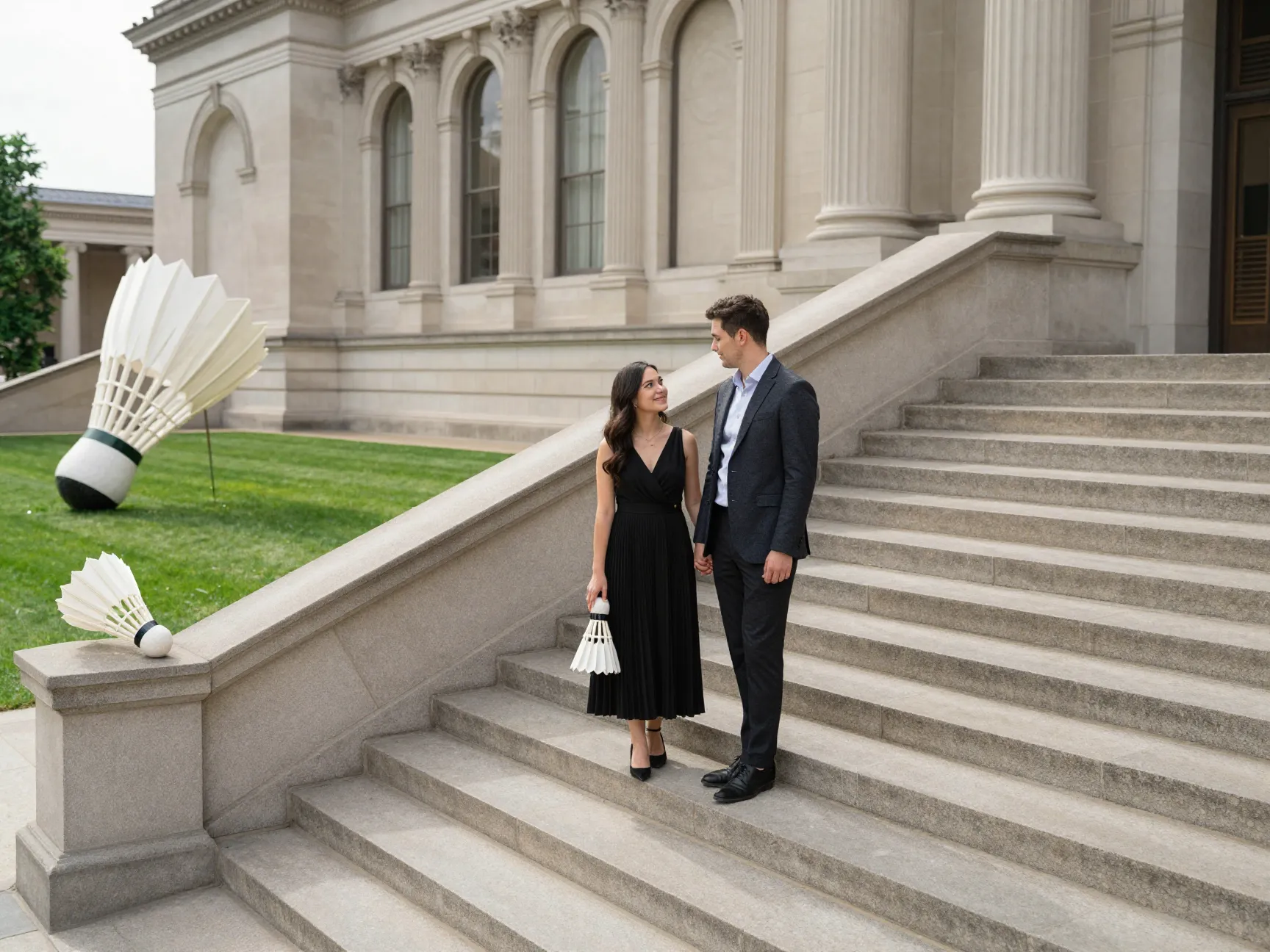 Nelson atkins museum couple on grand staircase with shuttlecocks