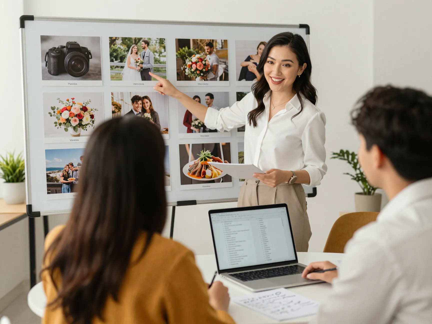 Wedding planner presenting curated vendor portfolio to engaged couple