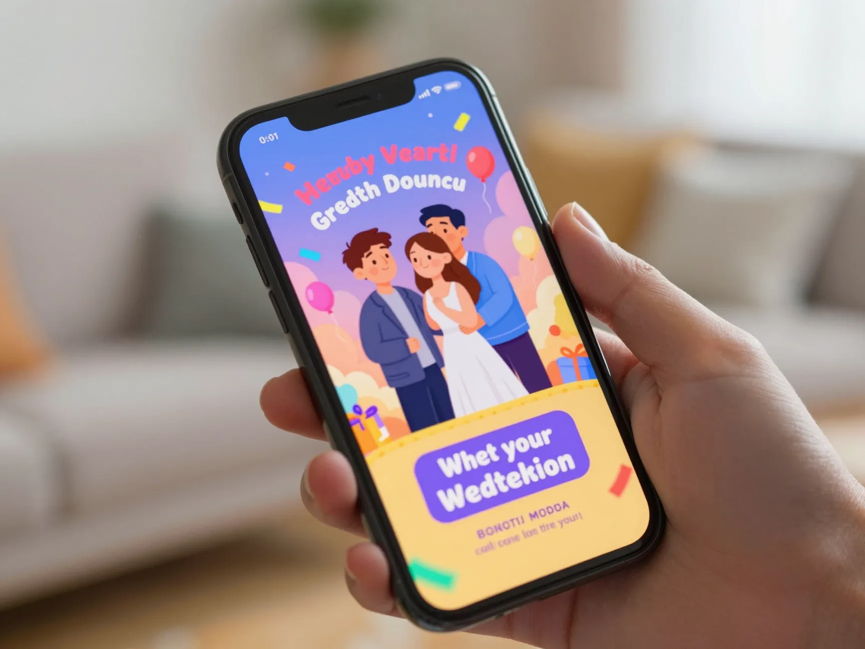 Animated video wedding invitation playing on a smartphone with celebratory confetti