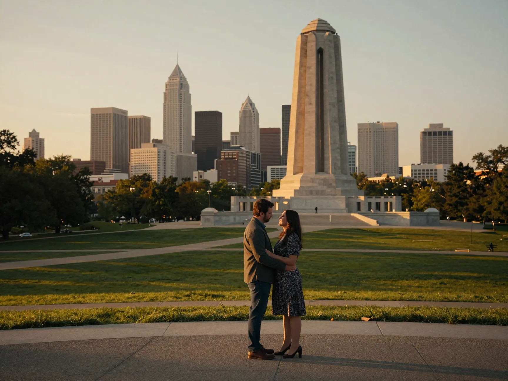 Liberty memorial couple with dramatic kansas city skyline backdrop