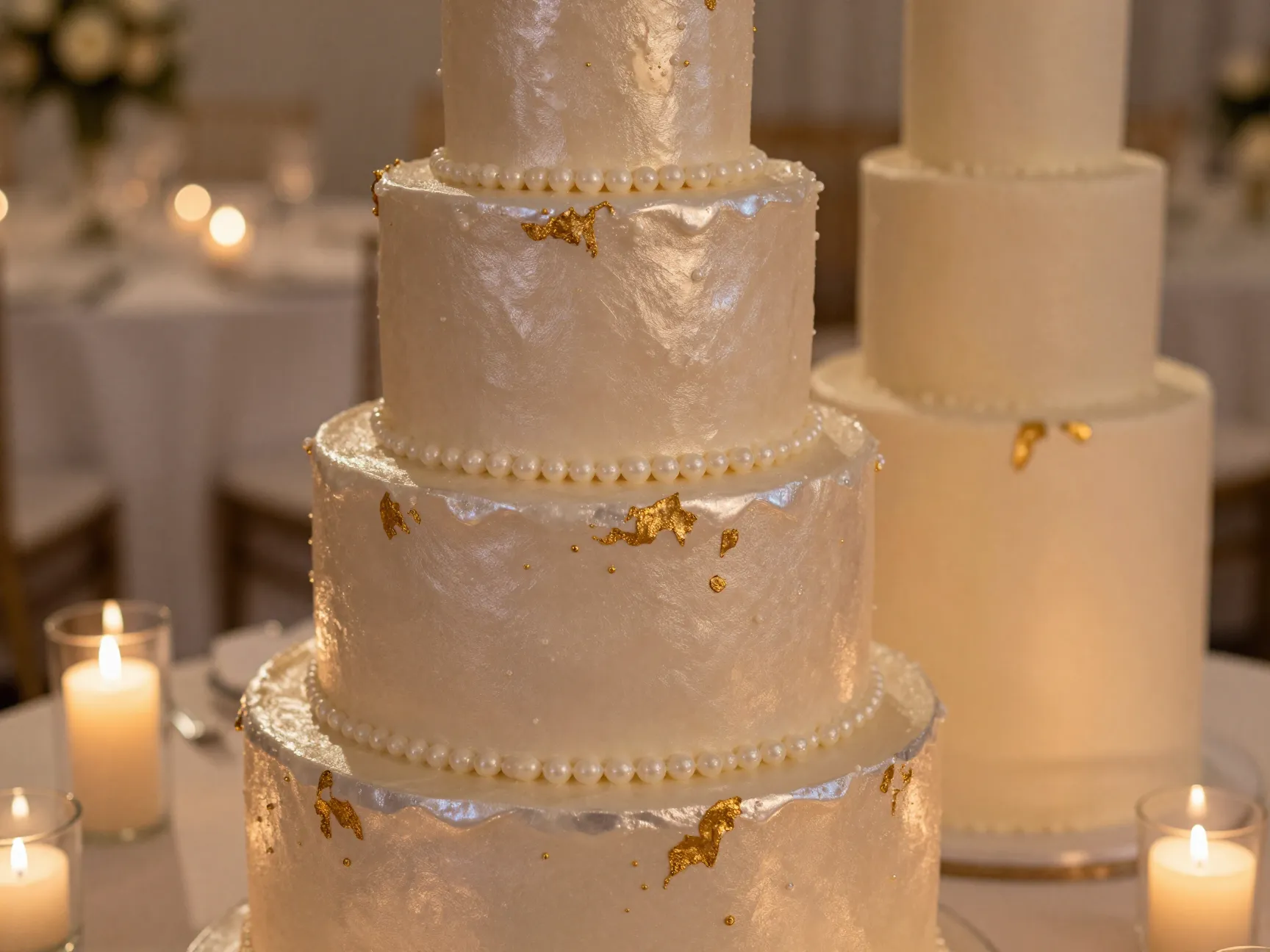 Metallic pearlescent wedding cake in candlelit reception setting