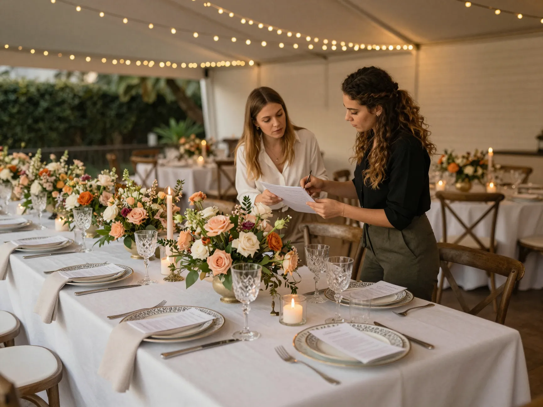 Planner and florist collaborating on cohesive table setting design