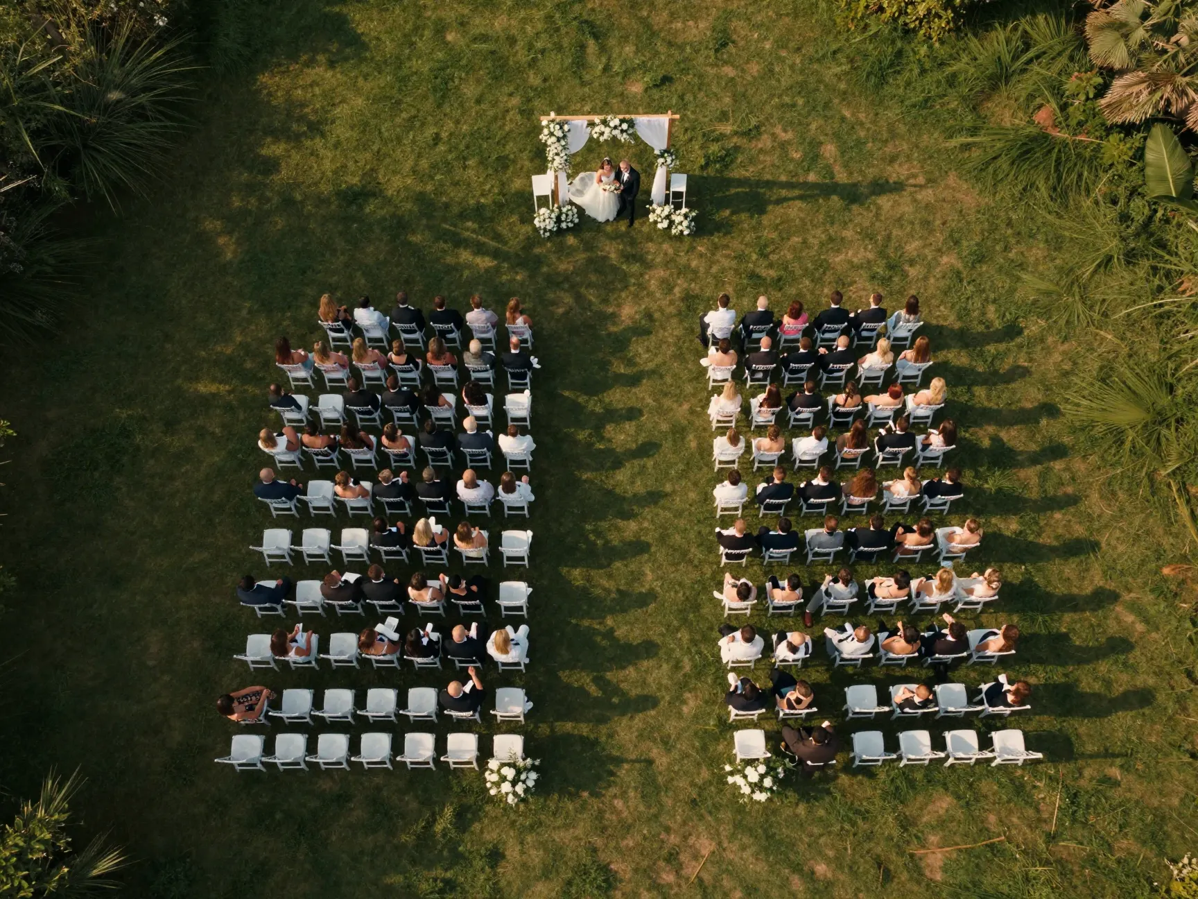 Aerial drone shot of outdoor wedding ceremony with guest formation