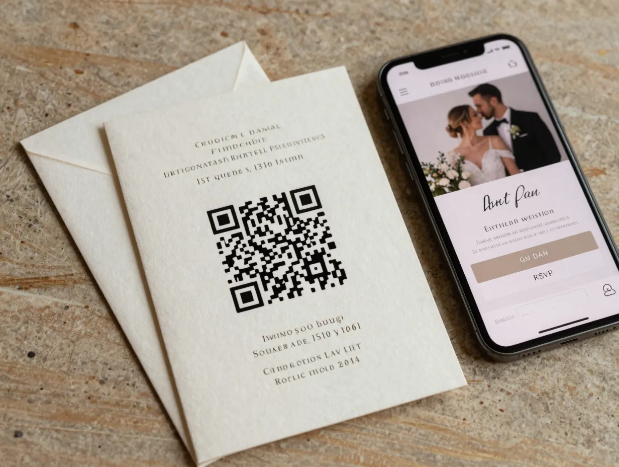 Elegant printed card with qr code linking to digital wedding website