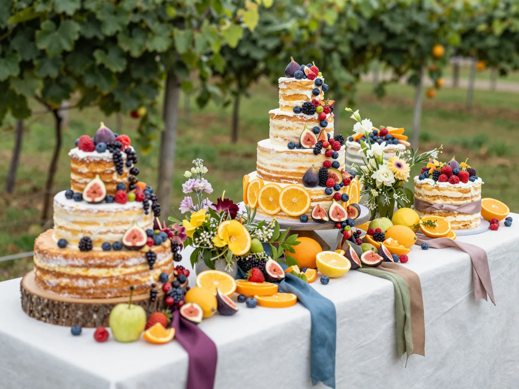 Fresh fruit cakescaping with cascading berries and table art