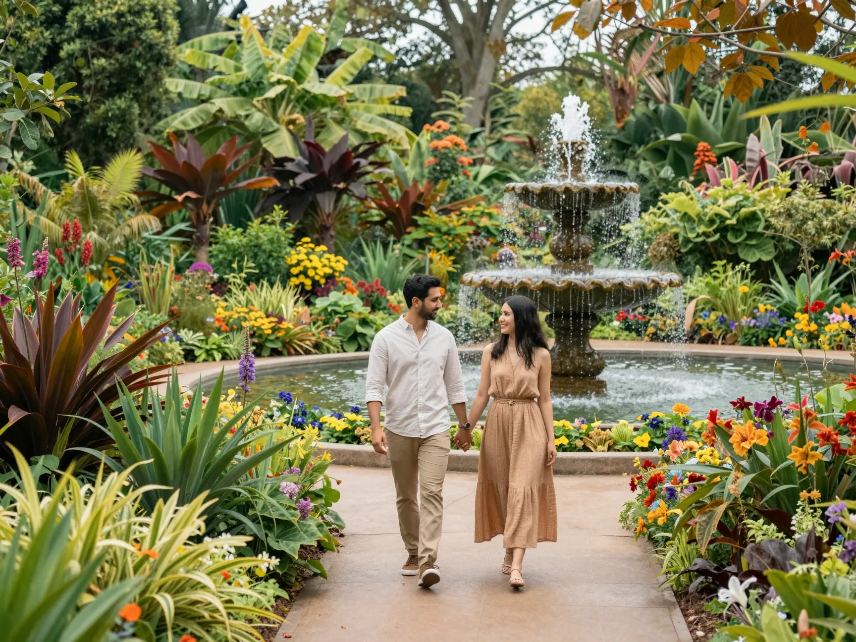 Powell gardens couple by themed garden with fountain