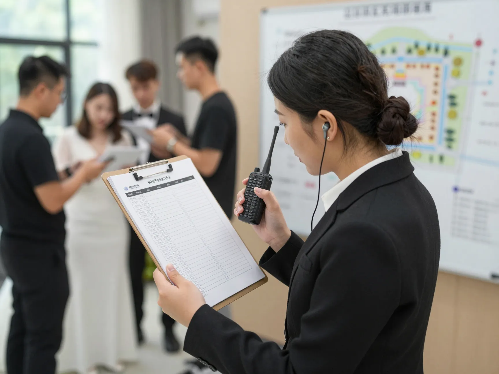Wedding planner checking master timeline on clipboard with walkie talkie