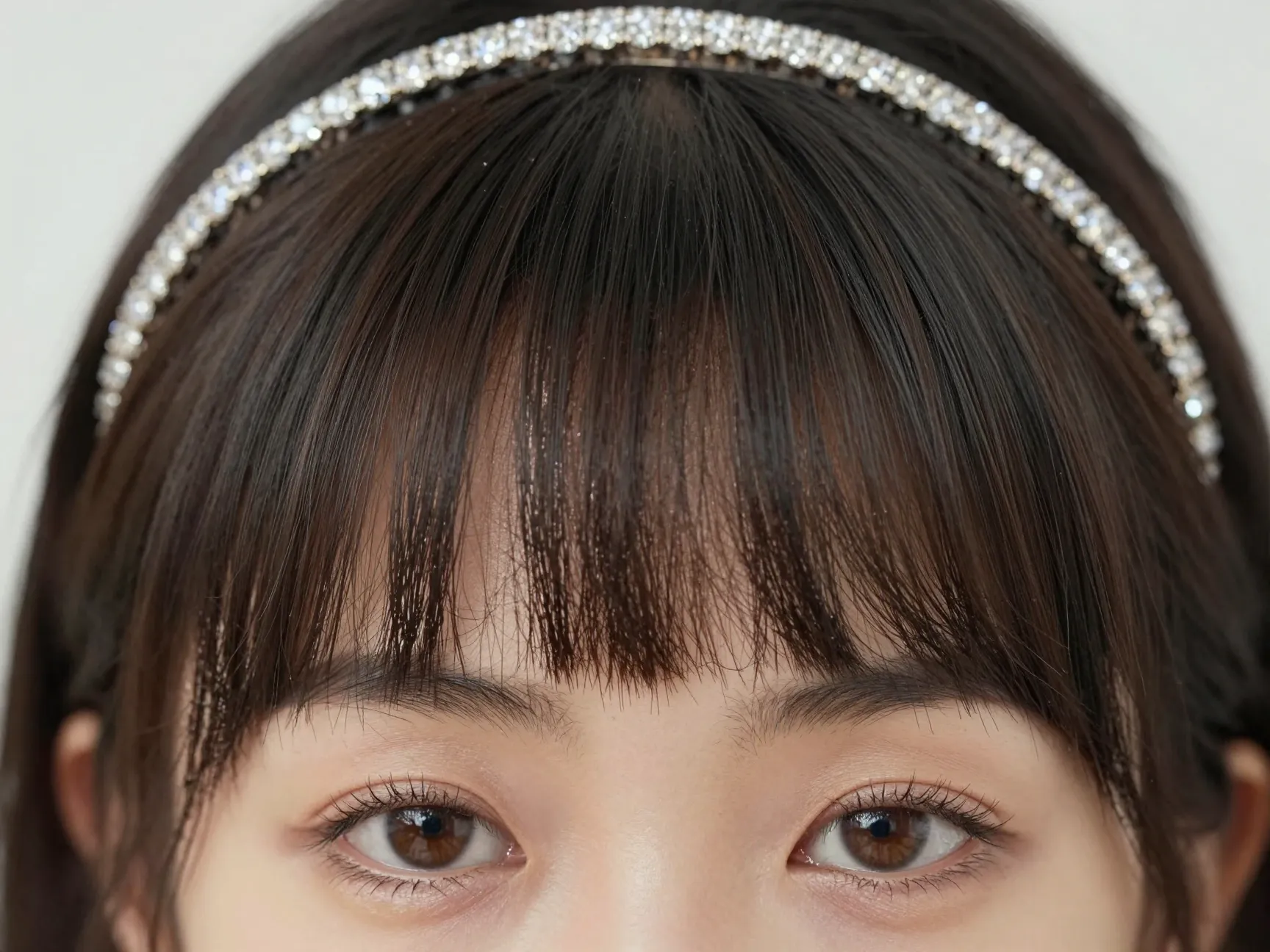 Micro fringe wedding detail short bangs diamond headband