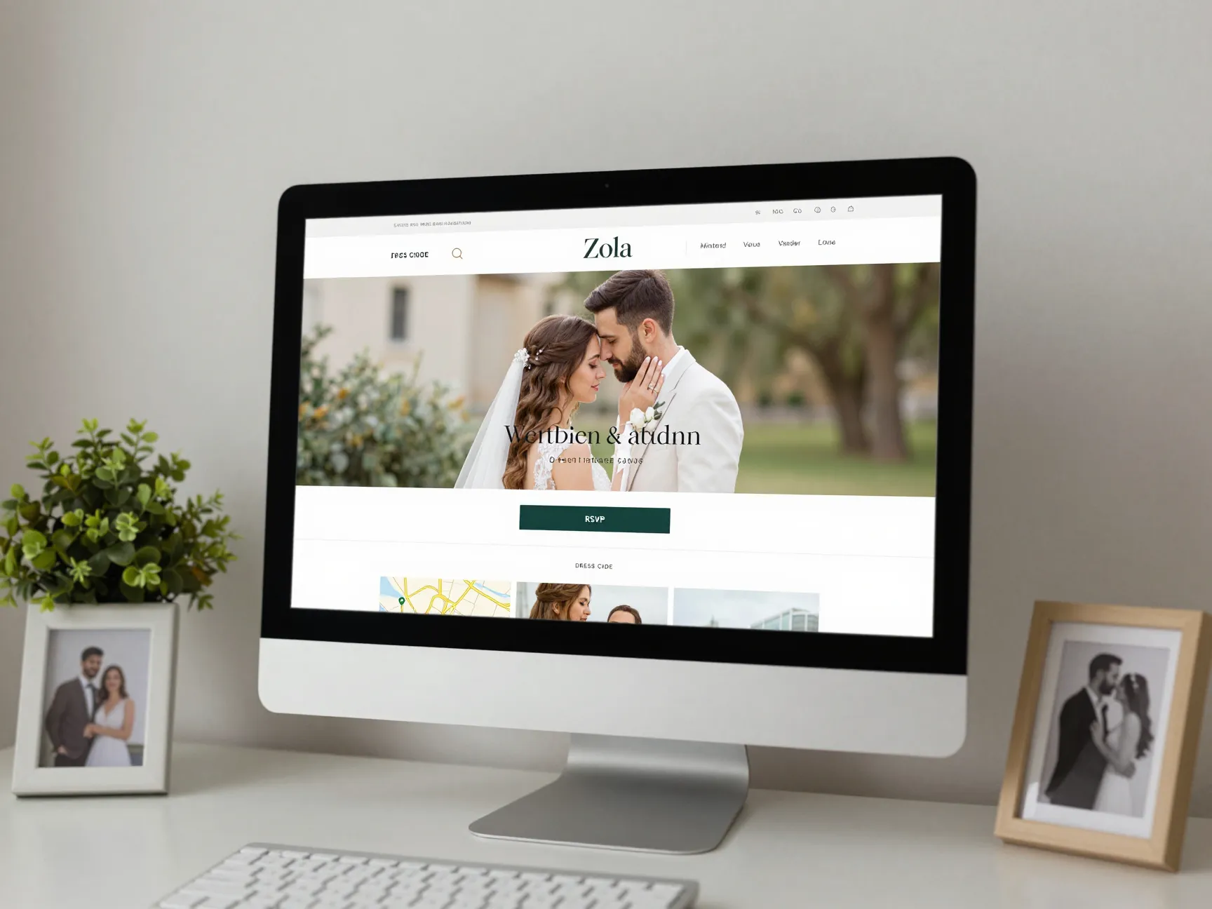 Modern wedding website homepage on a desktop monitor displaying event details