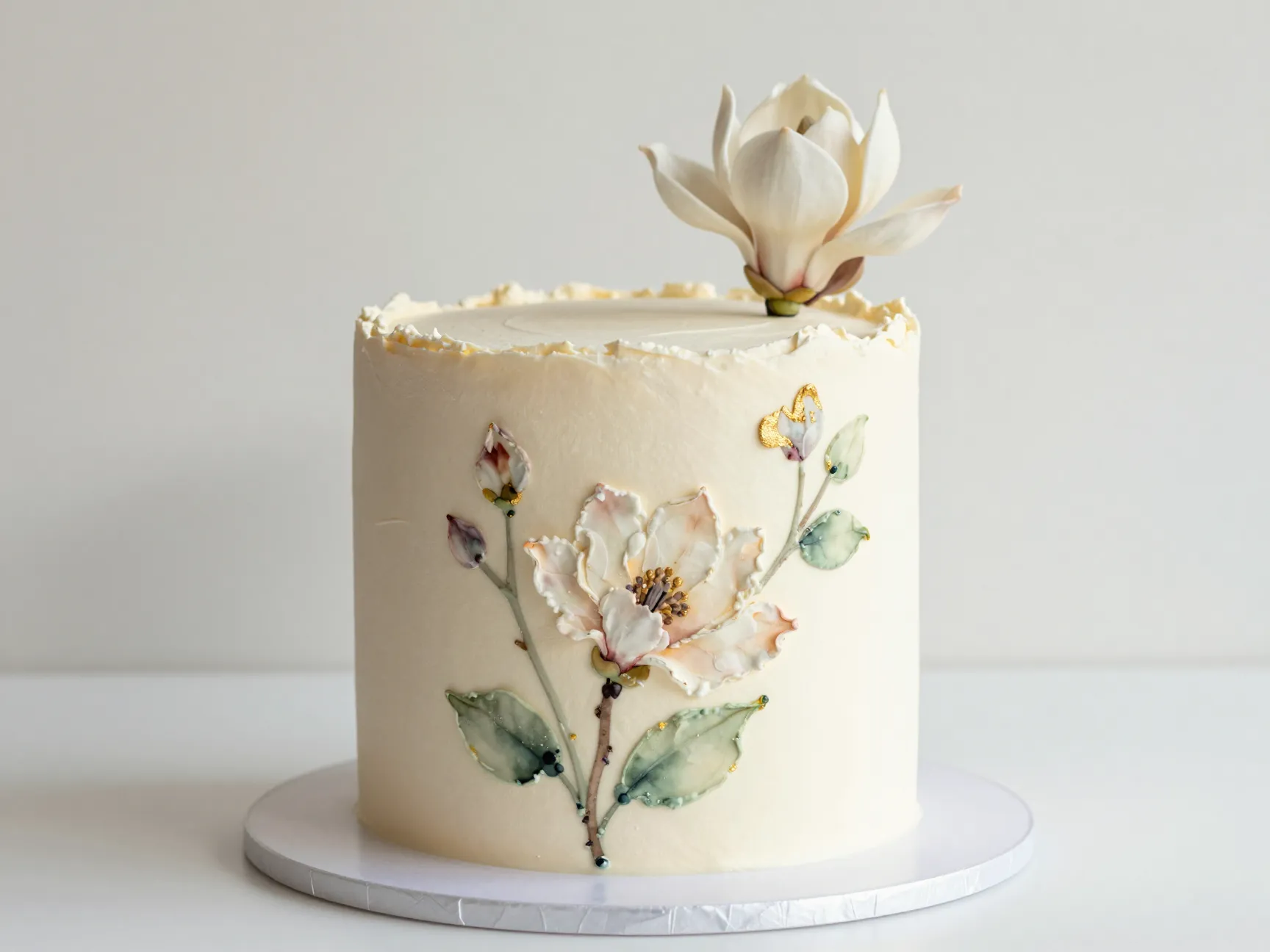 Oval shaped wedding cake with delicate hand painted florals