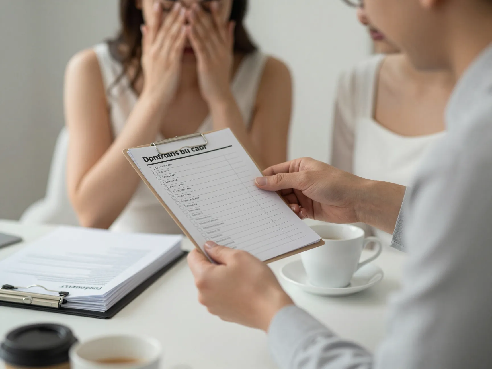 Planner handing checklist to relieved bride reducing her planning stress