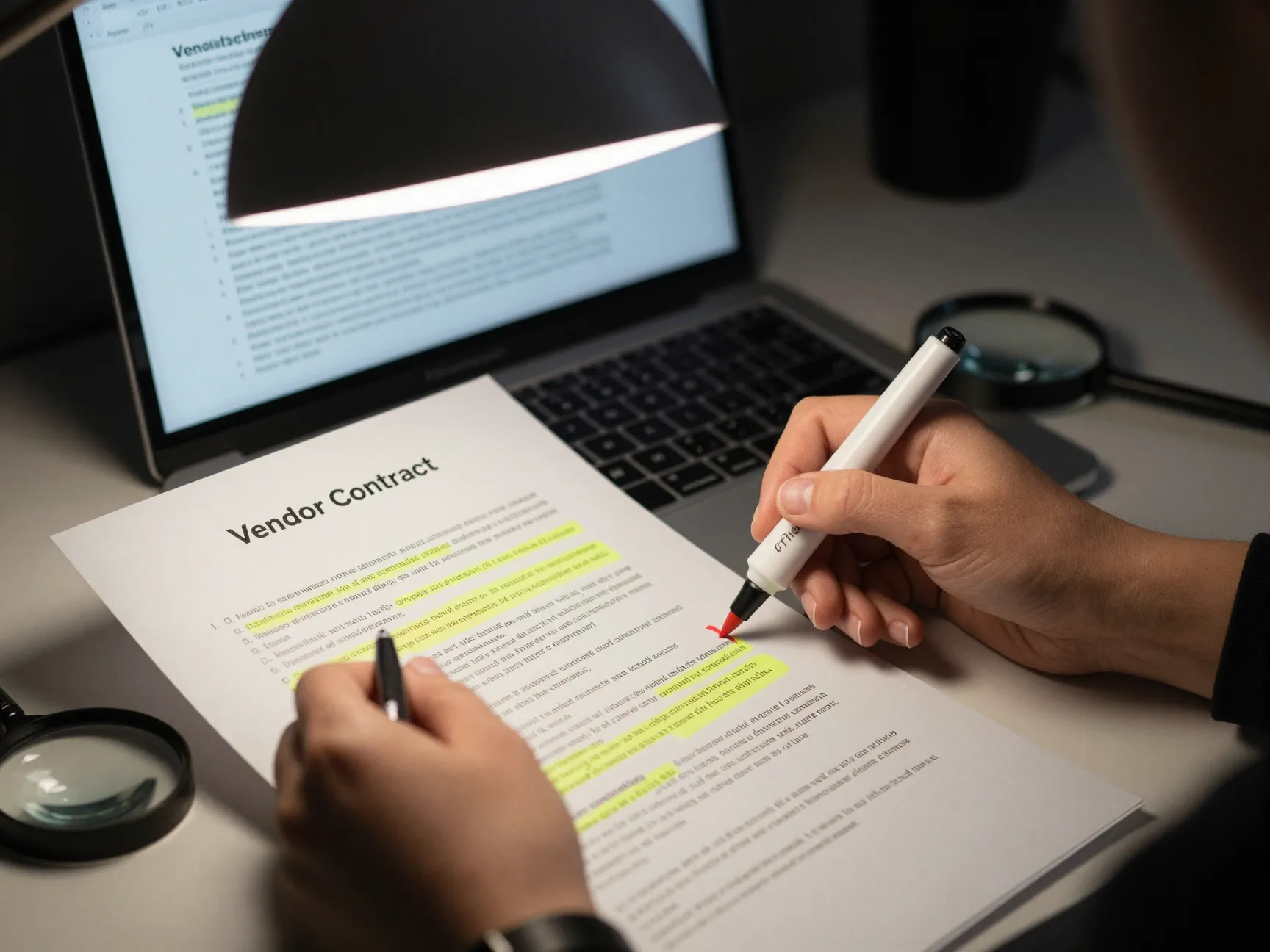 Planner analyzing vendor contract terms with highlighter and pen