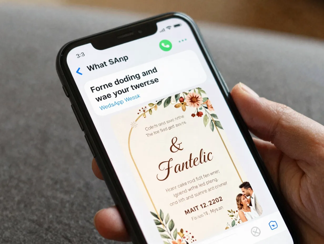 Smartphone screen showing a whatsapp broadcast with a designed wedding invitation image