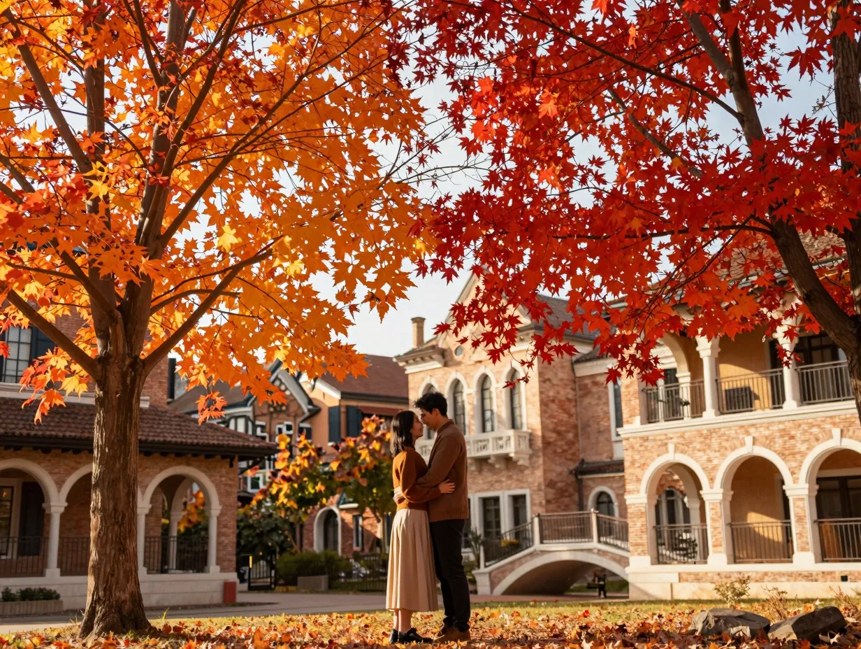 Unity village couple under fiery red maple trees in fall